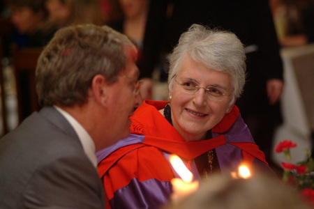 Janet McCredie at The Womens College Chancellors Dinner for academic prizes on 19 April 2004 (then Chair of The Womens College Council) with fellow Council member, Mr Dick Persson., Photo courtesy of The Womens College